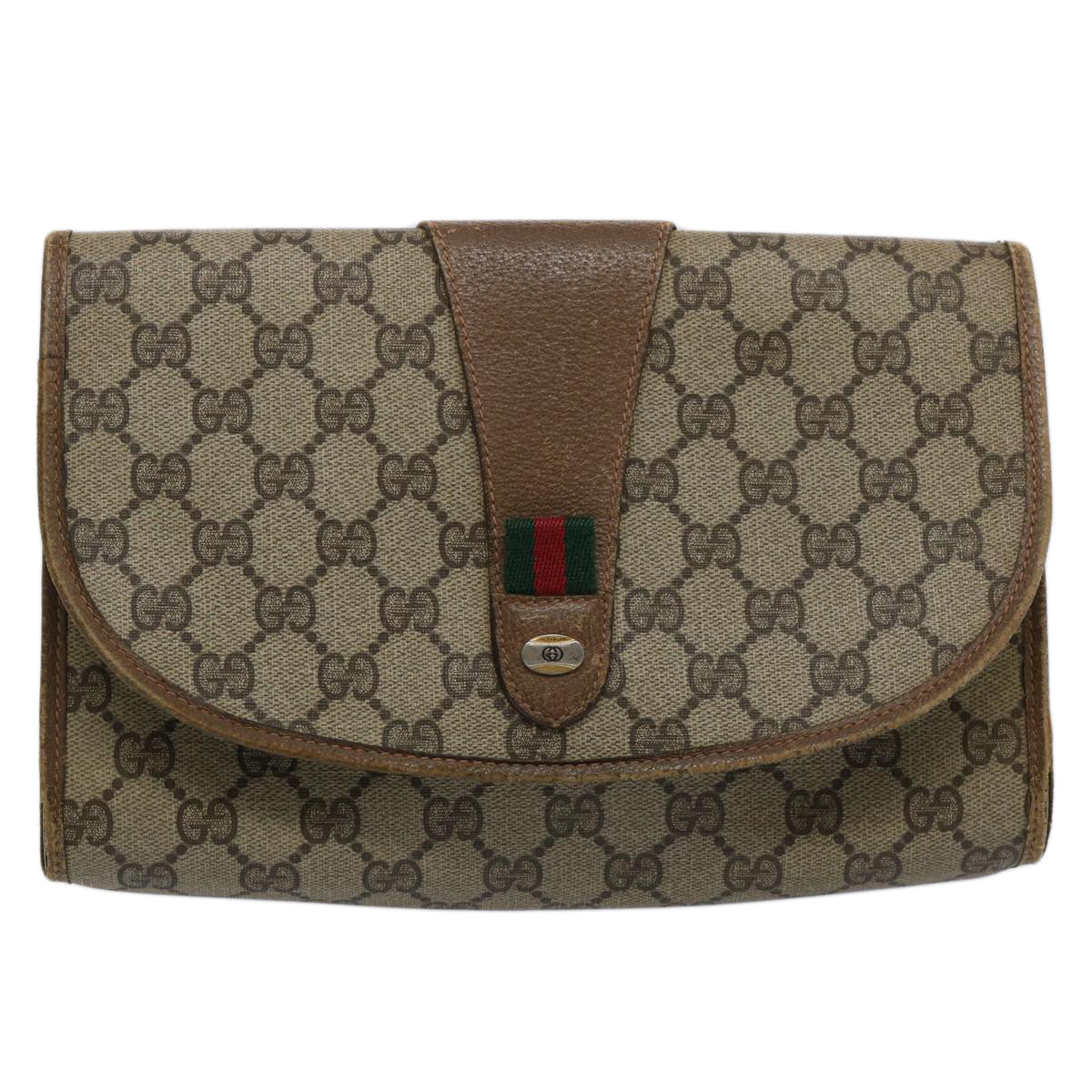 GUCCI GG Supreme Web Sherry Line Clutch Bag Beige Red Green 89 01 030 Auth 61534