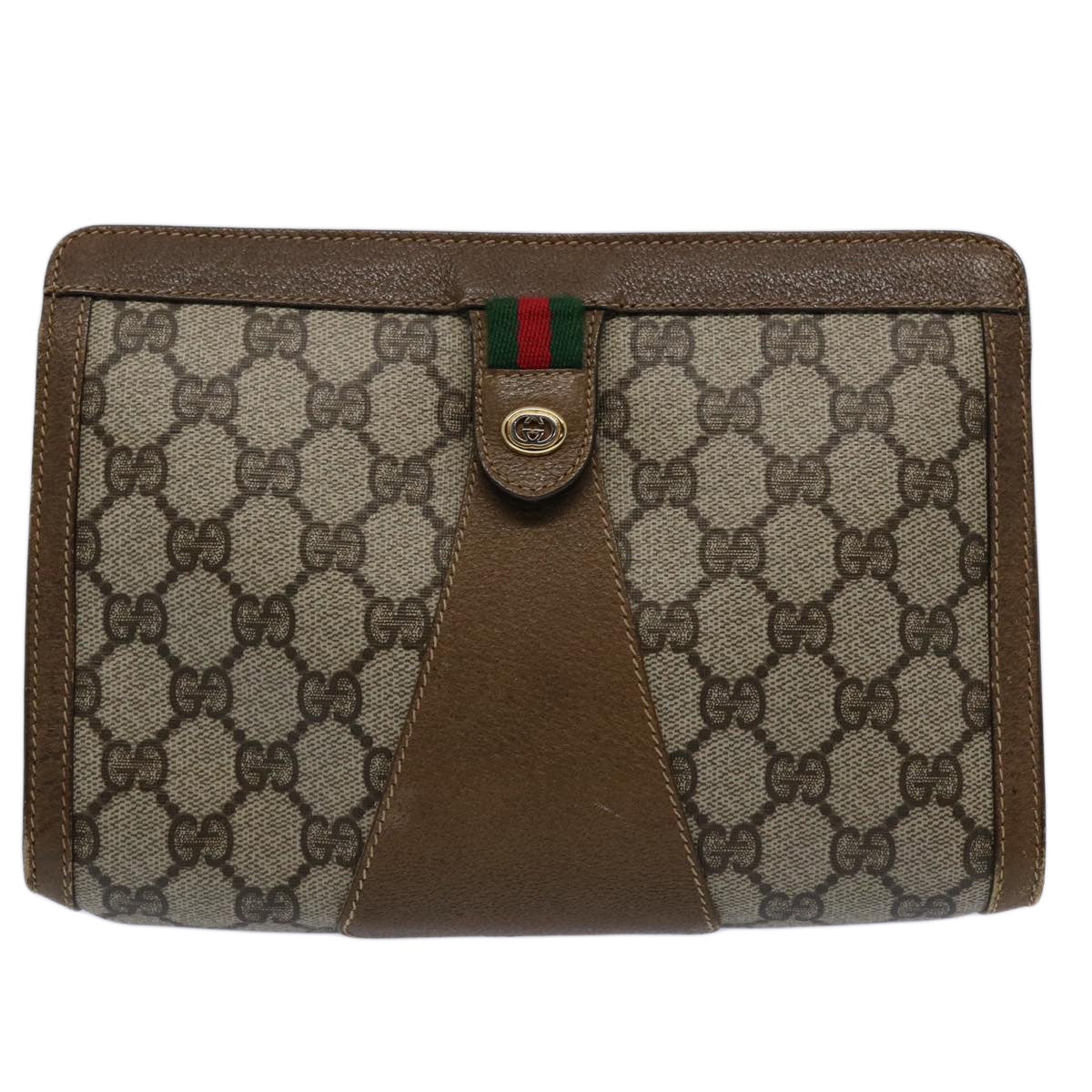 GUCCI GG Supreme Web Sherry Line Clutch Bag Beige Red Green 89 01 032 Auth 61756