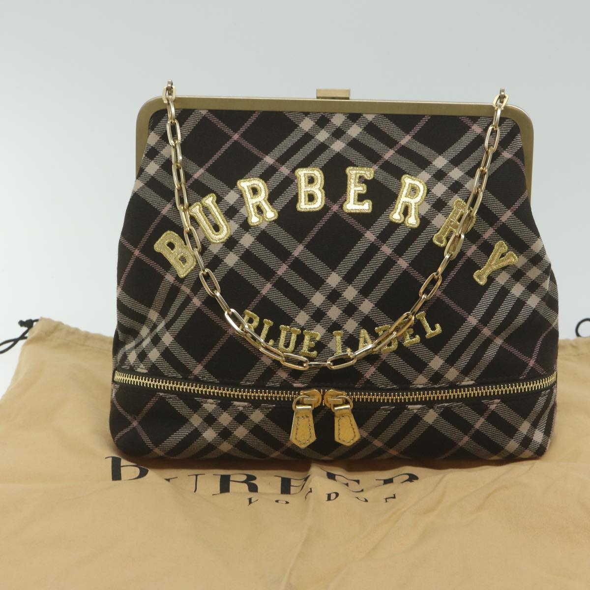 BURBERRY Nova Check Blue Label Chain Hand Bag Canvas Brown Auth 61800