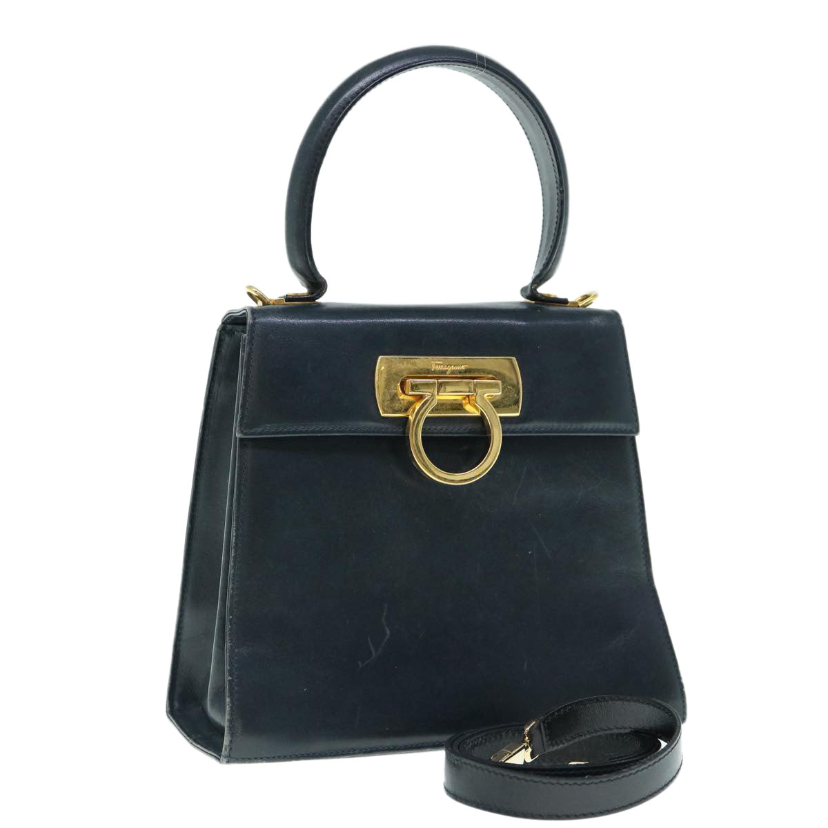 Salvatore Ferragamo Gancini Hand Bag Leather 2way Black Auth 61876