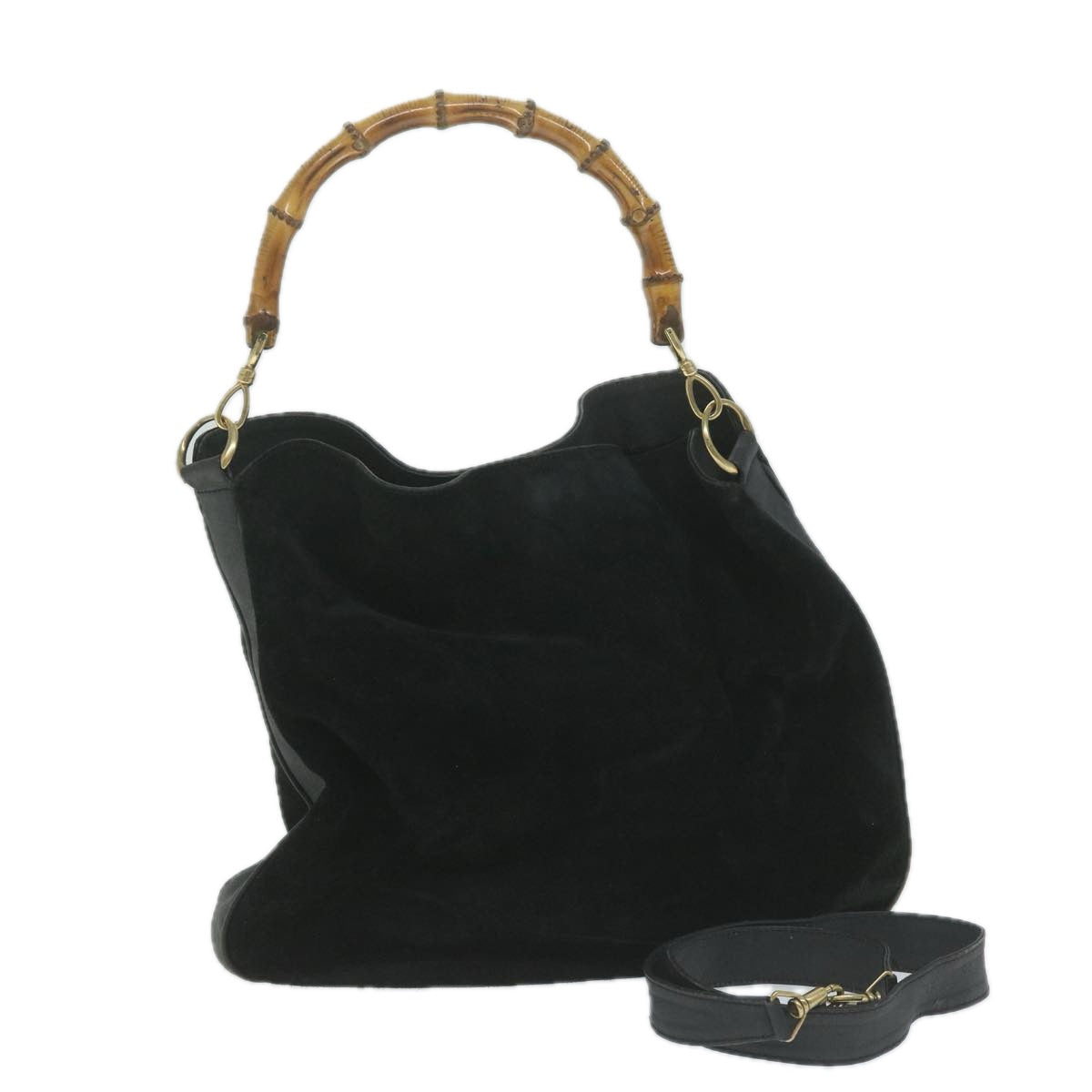 GUCCI Bamboo Shoulder Bag Suede 2way Black 001 1781 1577 Auth 61900