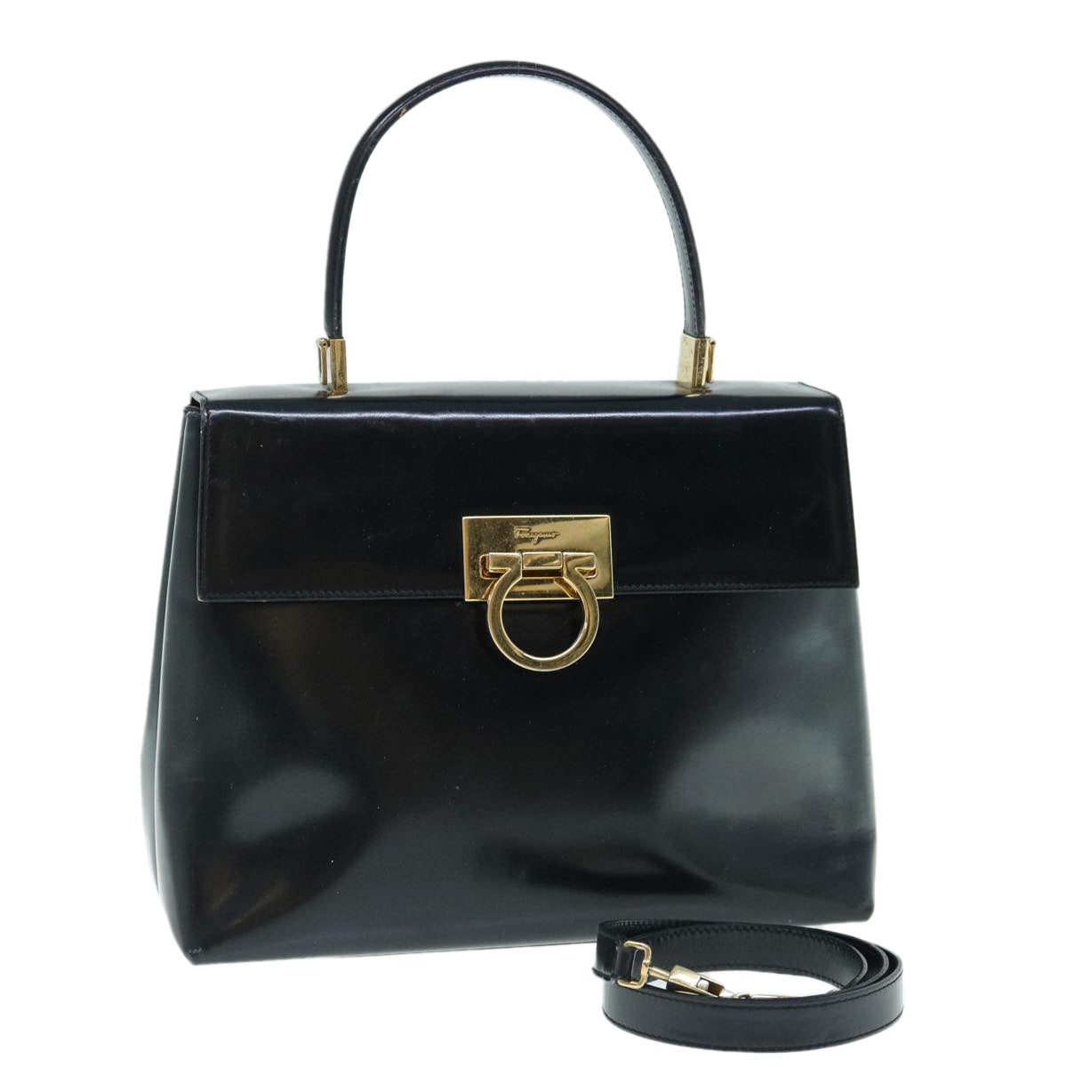 Salvatore Ferragamo Gancini Hand Bag Leather 2way Black Auth 61937
