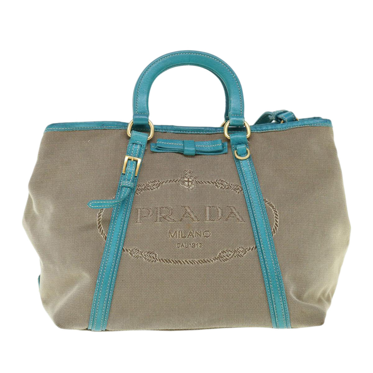 PRADA Hand Bag Canvas 2way Beige Blue Auth 62240