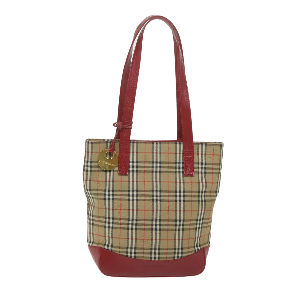 BURBERRY Nova Check Tote Bag Nylon Leather Beige Red Auth 62340