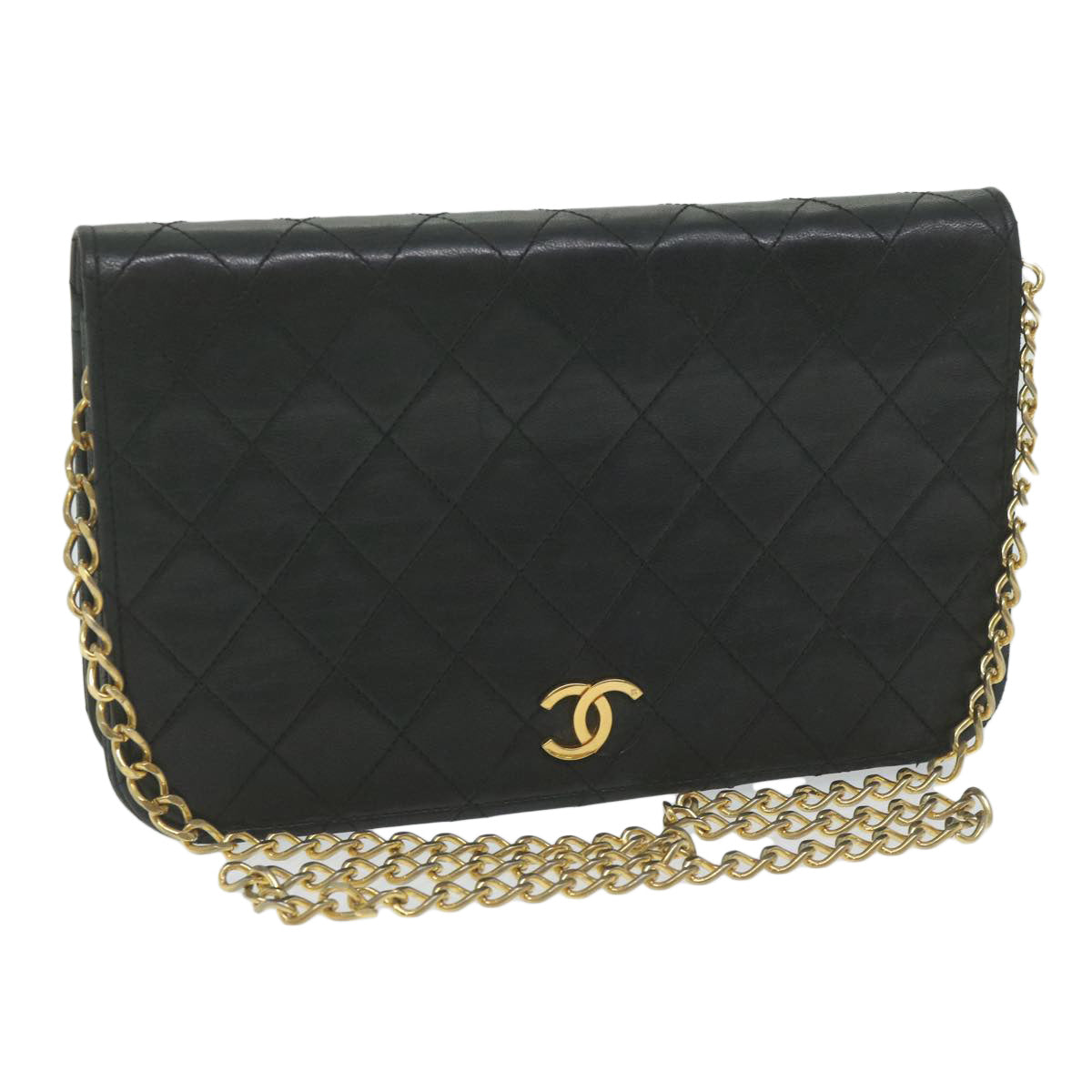 CHANEL Matelasse Chain Shoulder Bag Lamb Skin Black CC Auth 62395