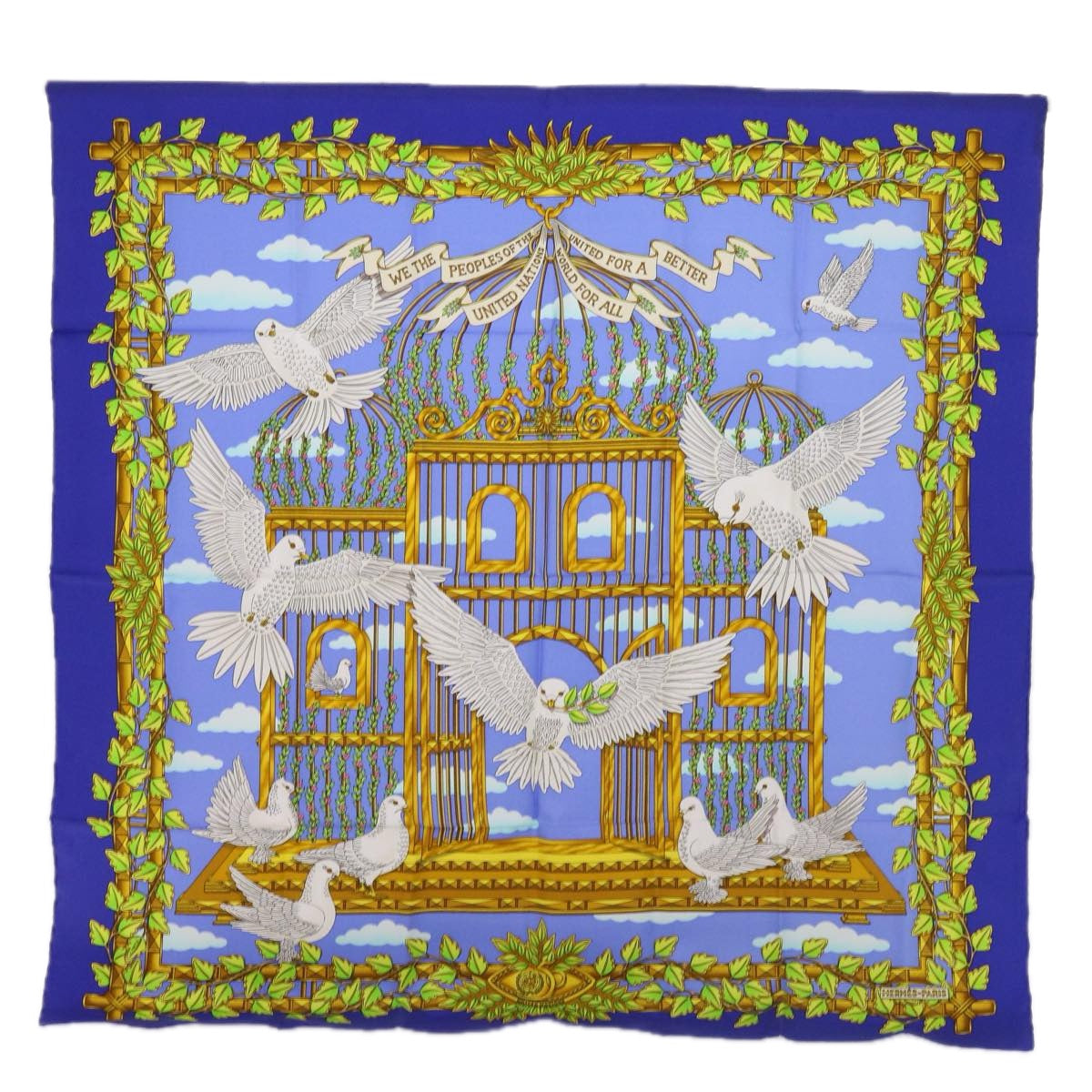 HERMES Carre 90 WE THE PEOPLES OF THE UNITED NATIONS Scarf Silk Blue Auth 62406
