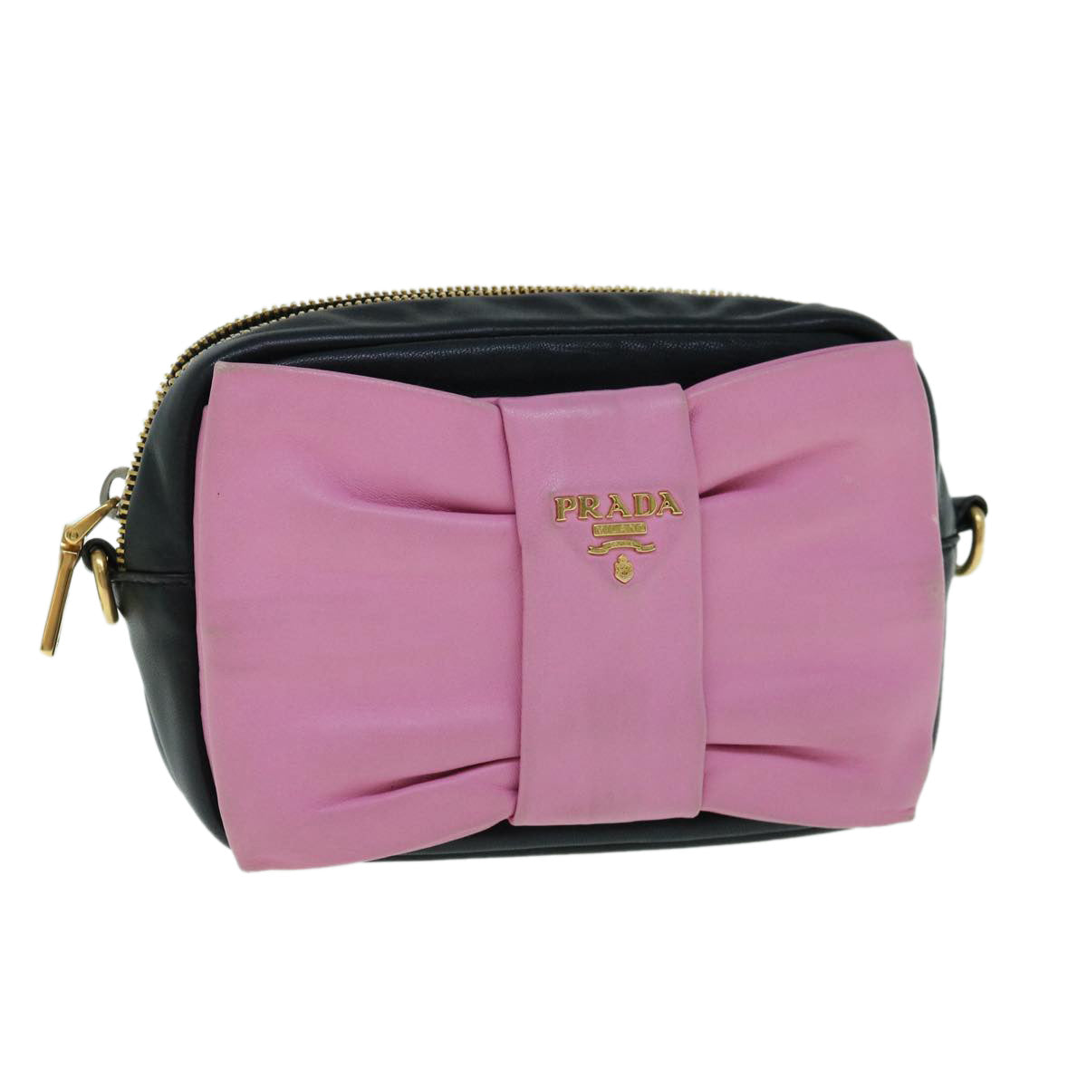 PRADA Ribbon Shoulder Bag Leather Pink Black Auth 62657