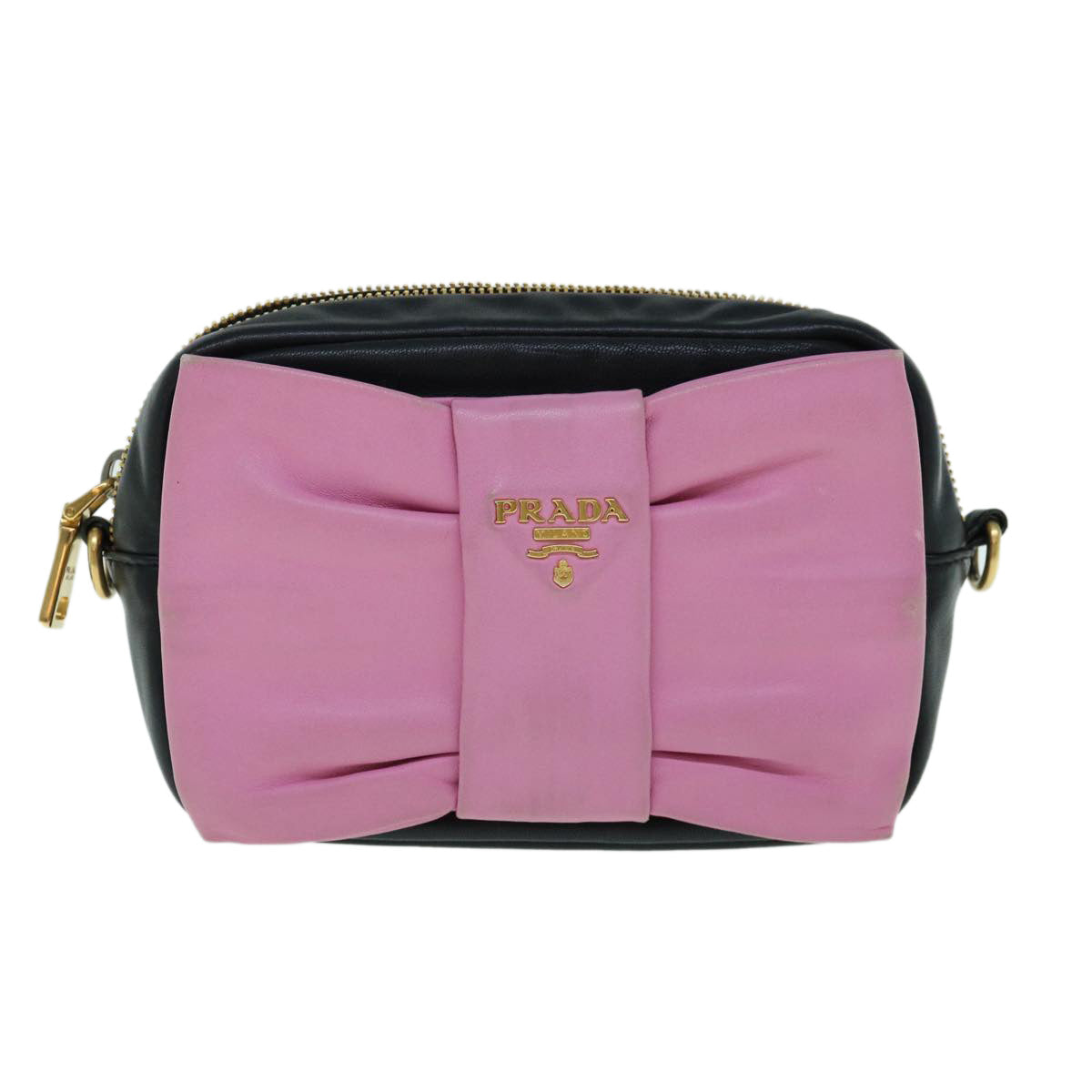 PRADA Ribbon Shoulder Bag Leather Pink Black Auth 62657