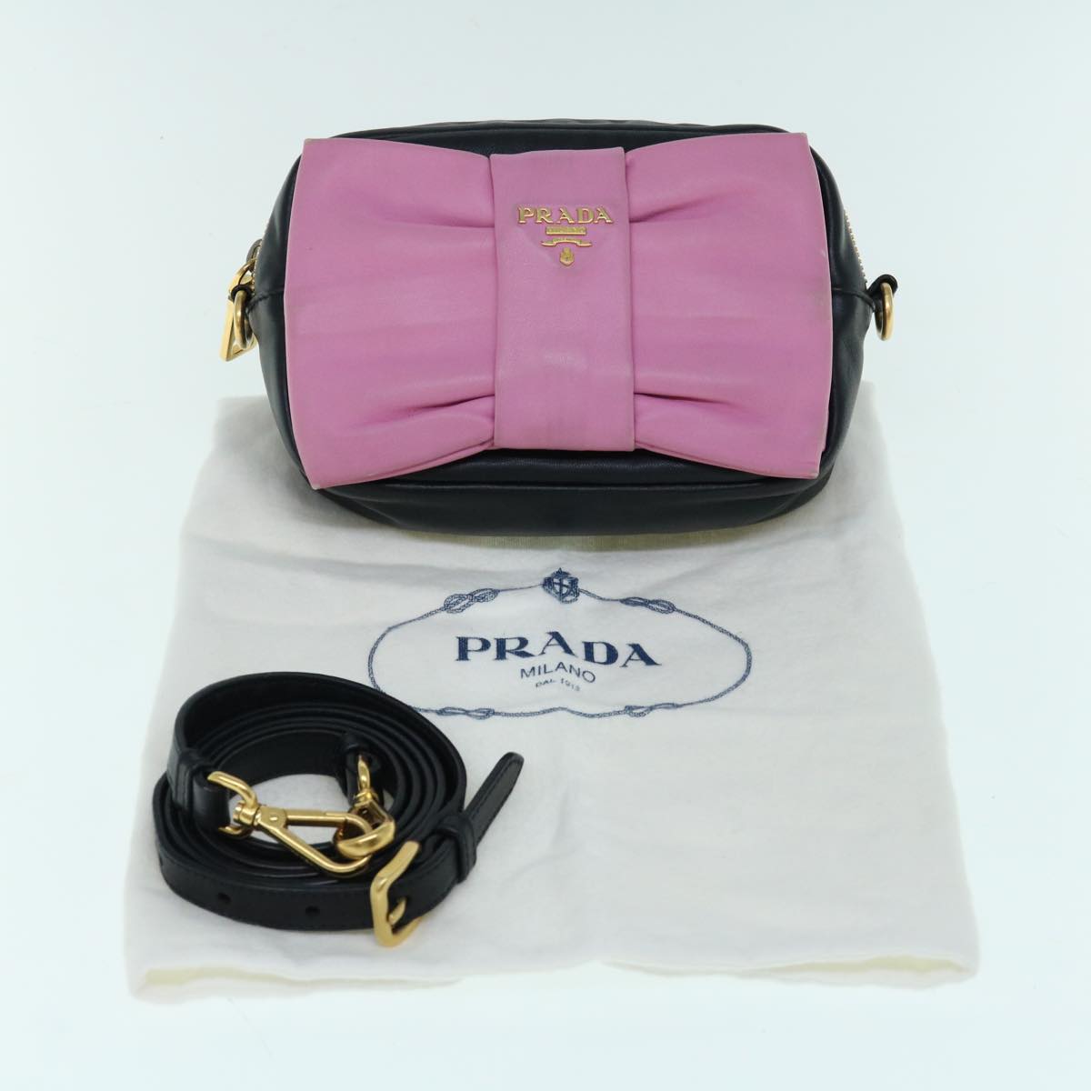 PRADA Ribbon Shoulder Bag Leather Pink Black Auth 62657