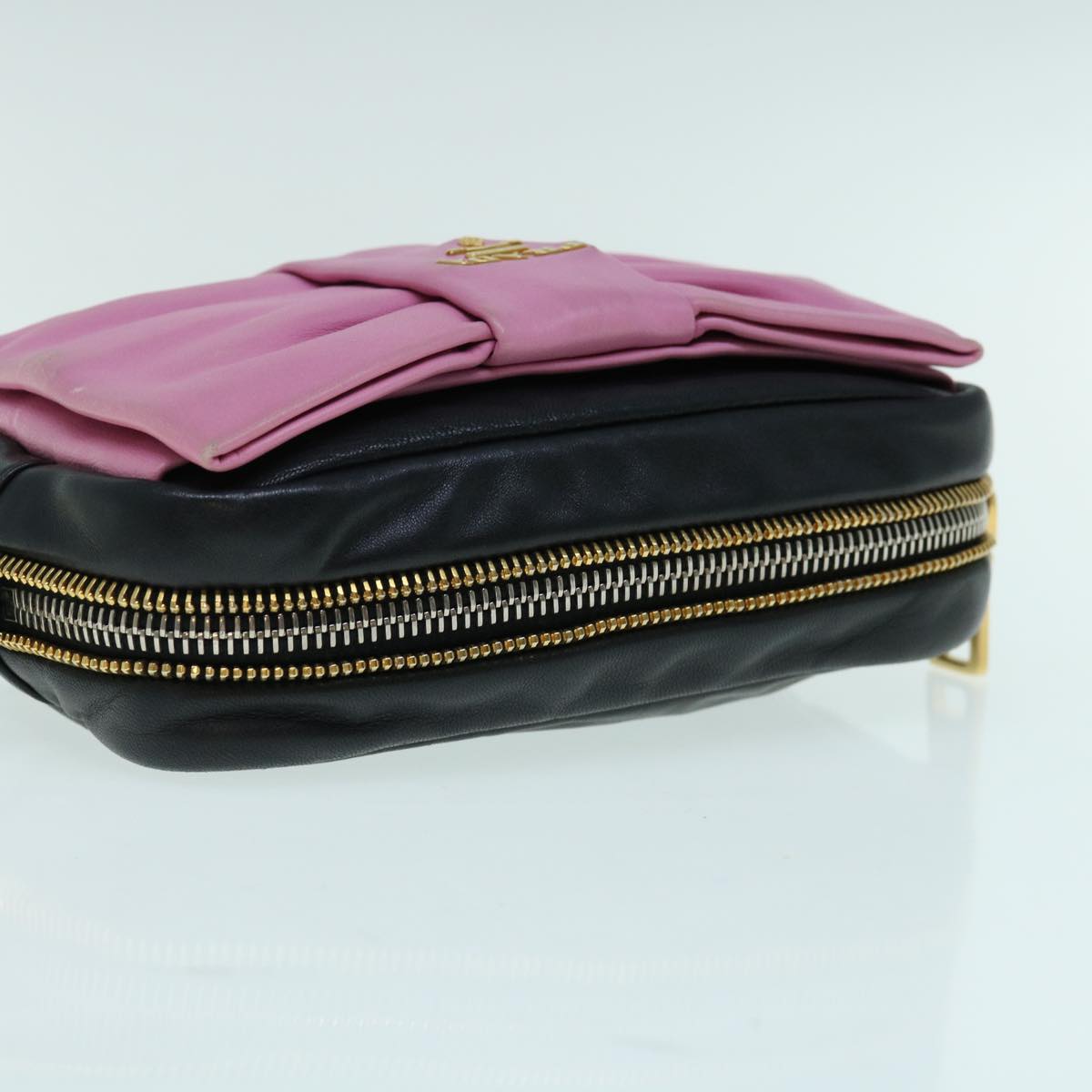 PRADA Ribbon Shoulder Bag Leather Pink Black Auth 62657