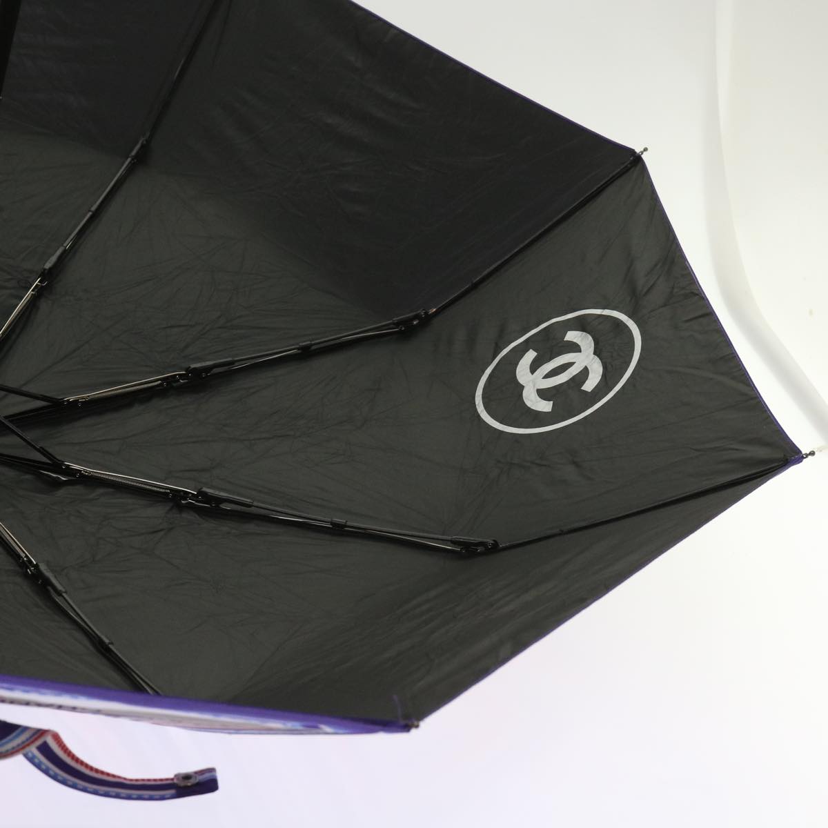 CHANEL AIRLINES Folding Umbrella Nylon White Purple CC Auth 62995