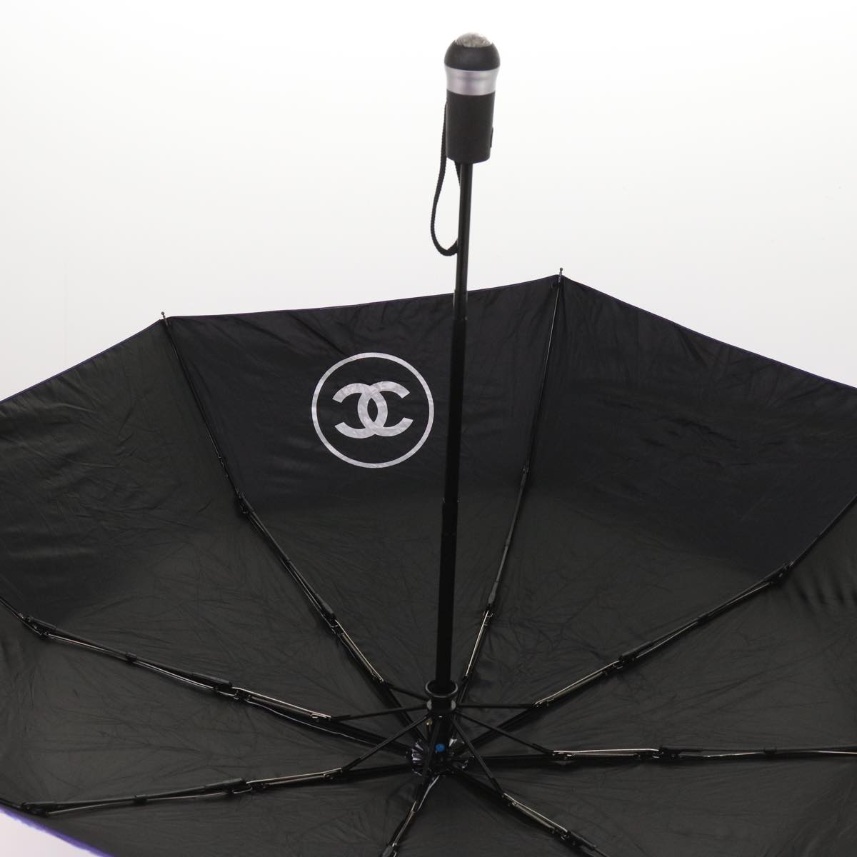 CHANEL AIRLINES Folding Umbrella Nylon White Purple CC Auth 62995