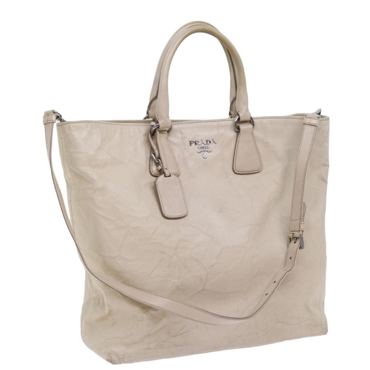 PRADA Hand Bag Leather 2way Beige Auth 63197