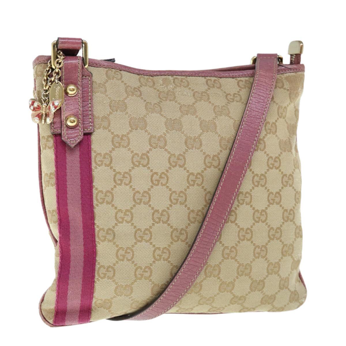 GUCCI Sherry Line GG Canvas Shoulder Bag Beige Purple Pink 144388 Auth 63388