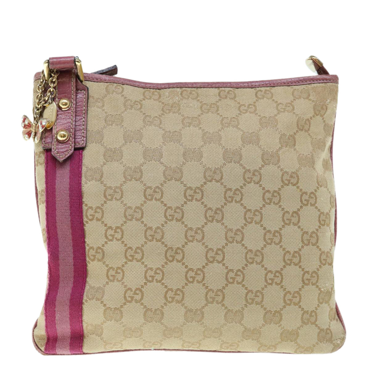 GUCCI Sherry Line GG Canvas Shoulder Bag Beige Purple Pink 144388 Auth 63388