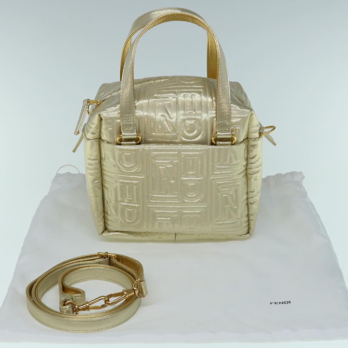 FENDI Hand Bag Nylon 2way Gold Auth 63497A