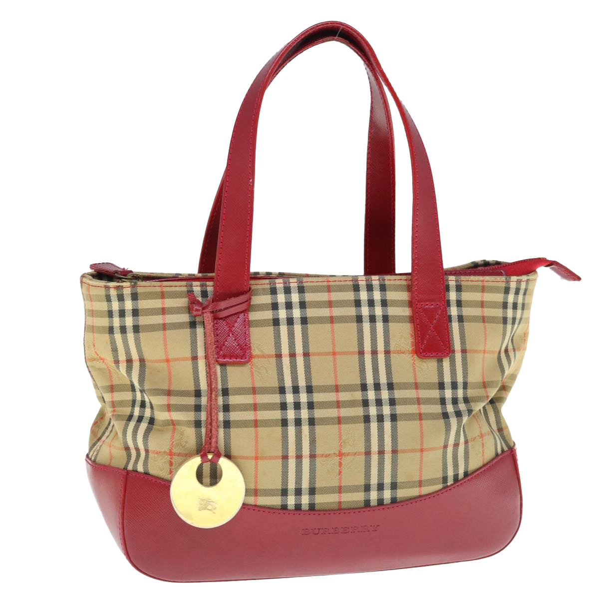 BURBERRY Nova Check Hand Bag Nylon Leather Beige Red Auth 63499