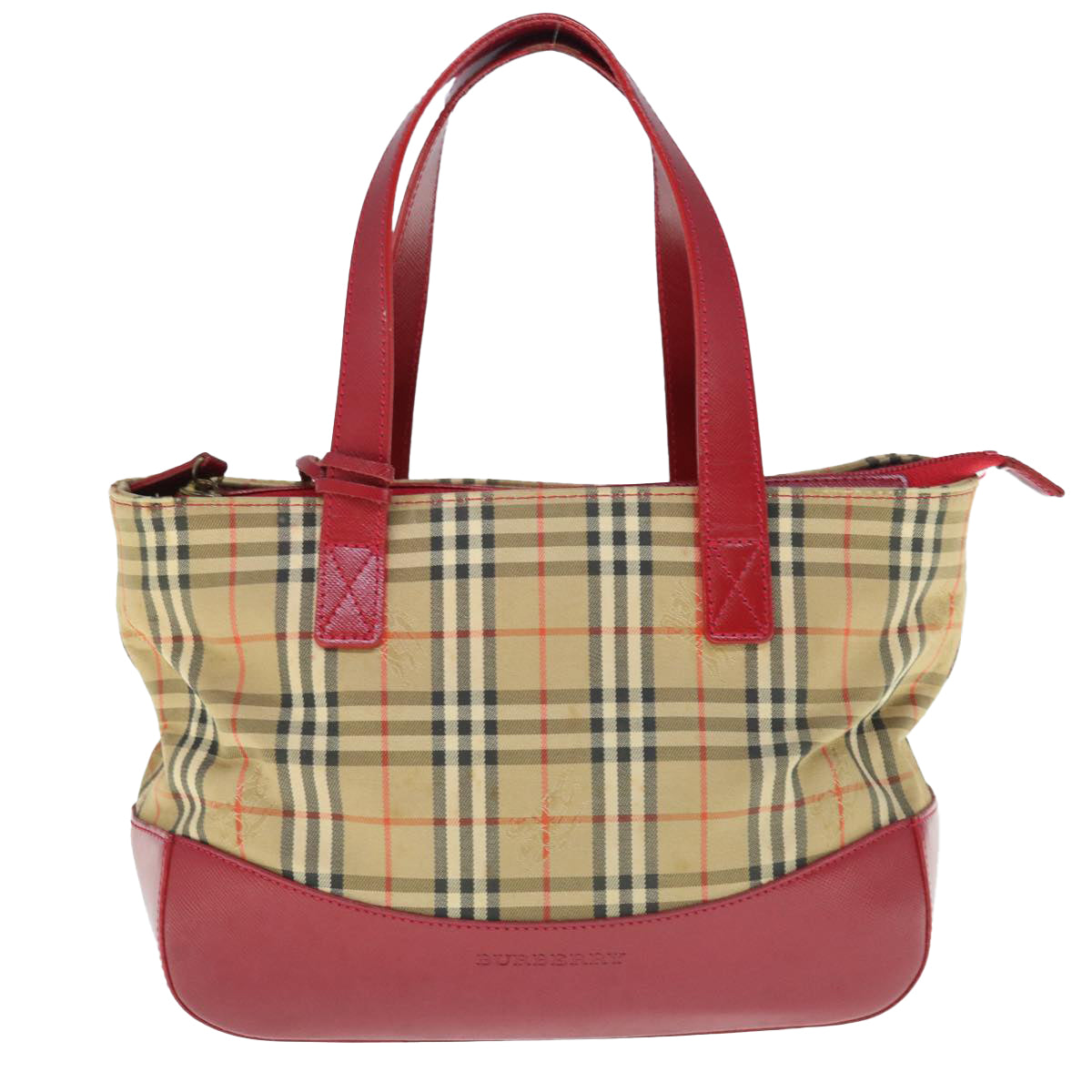 BURBERRY Nova Check Hand Bag Nylon Leather Beige Red Auth 63499