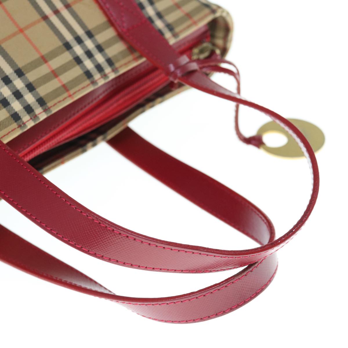 BURBERRY Nova Check Hand Bag Nylon Leather Beige Red Auth 63499