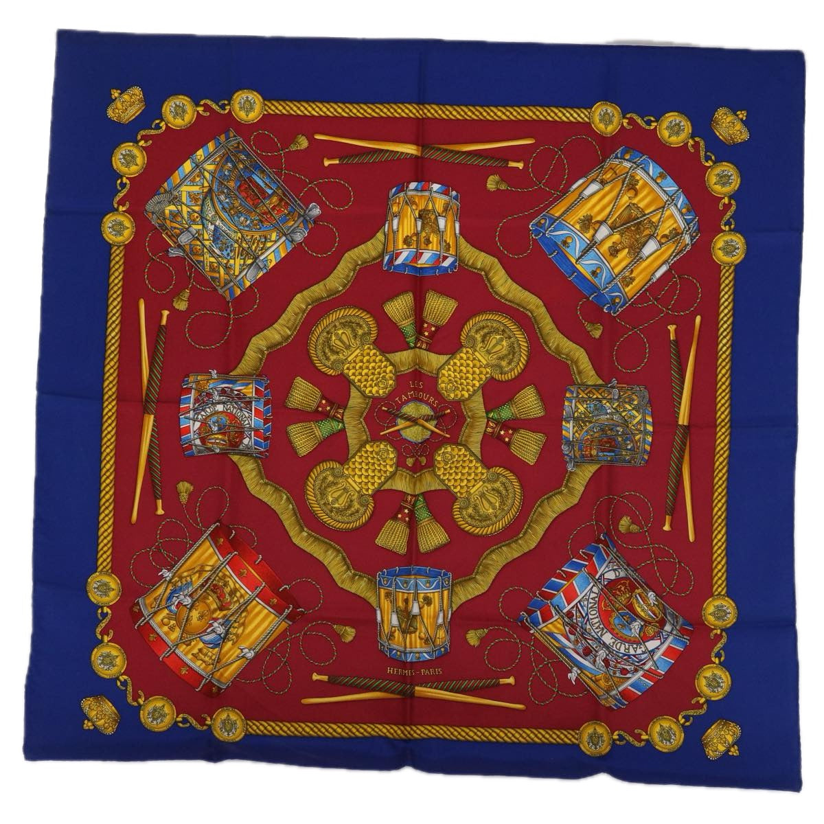 HERMES Carre 90 LES TAMBOURS Scarf Silk Red Blue Auth 63544