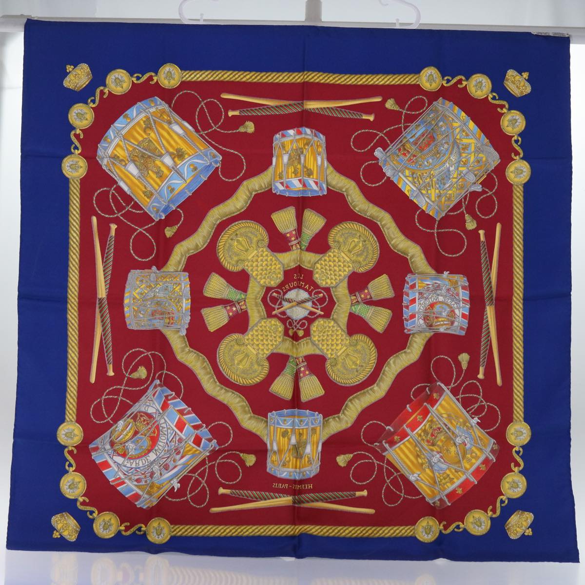 HERMES Carre 90 LES TAMBOURS Scarf Silk Red Blue Auth 63544