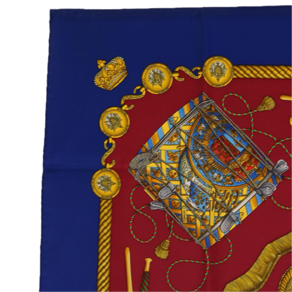 HERMES Carre 90 LES TAMBOURS Scarf Silk Red Blue Auth 63544 - 0