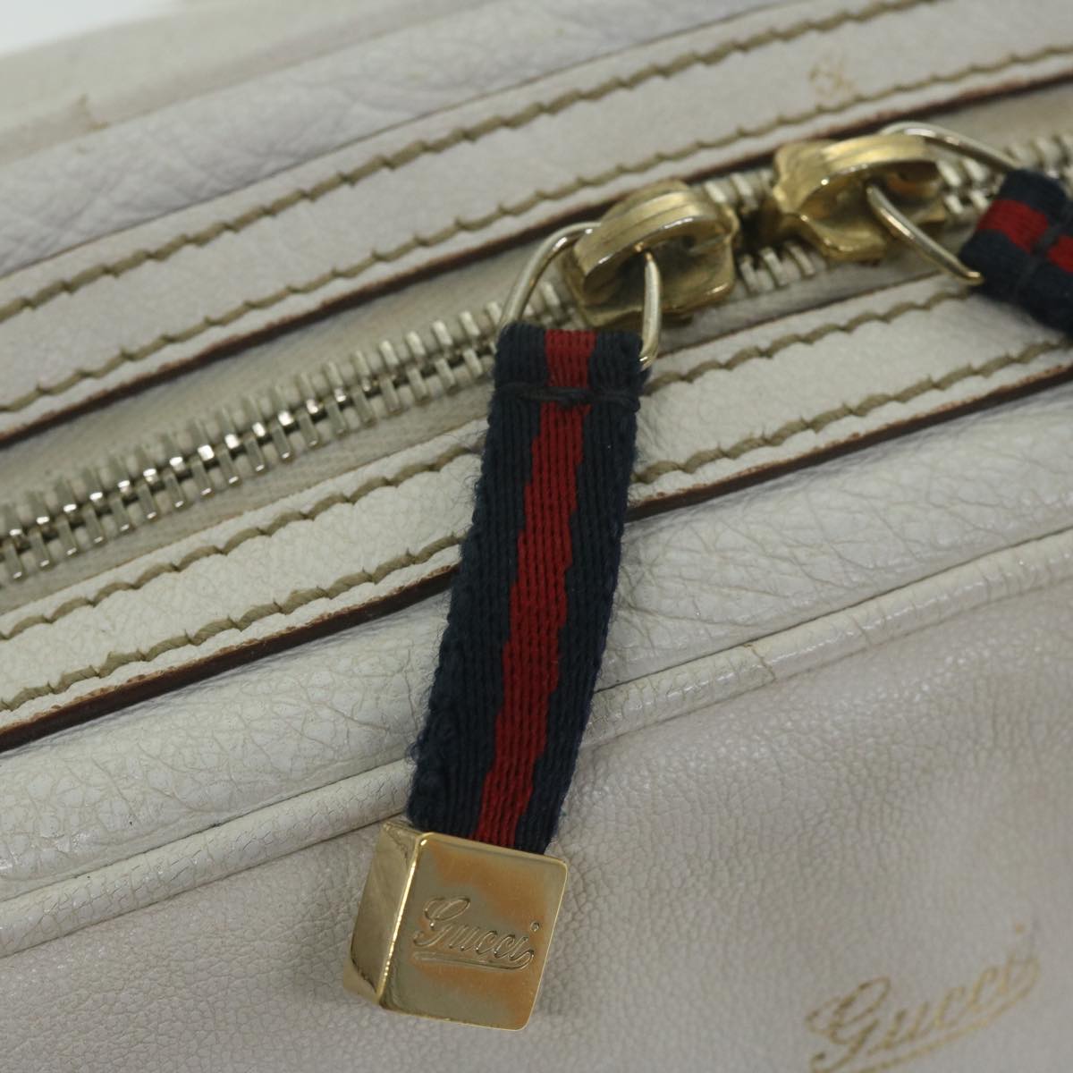 GUCCI Sherry Line Chain Shoulder Bag Leather White Navy Red 152462 Auth 63591