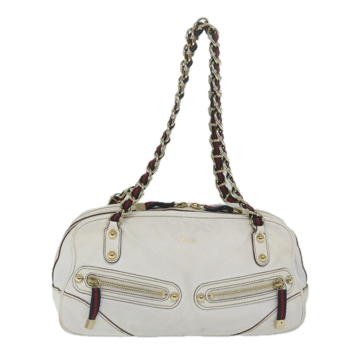 GUCCI Sherry Line Chain Shoulder Bag Leather White Navy Red 152462 Auth 63591