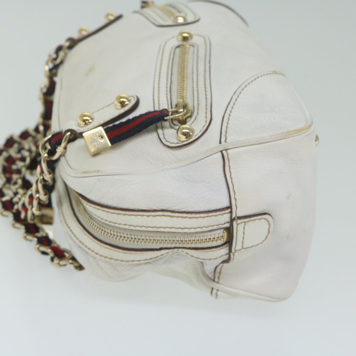 GUCCI Sherry Line Chain Shoulder Bag Leather White Navy Red 152462 Auth 63591