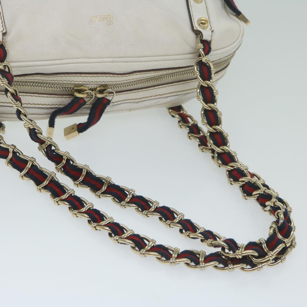 GUCCI Sherry Line Chain Shoulder Bag Leather White Navy Red 152462 Auth 63591