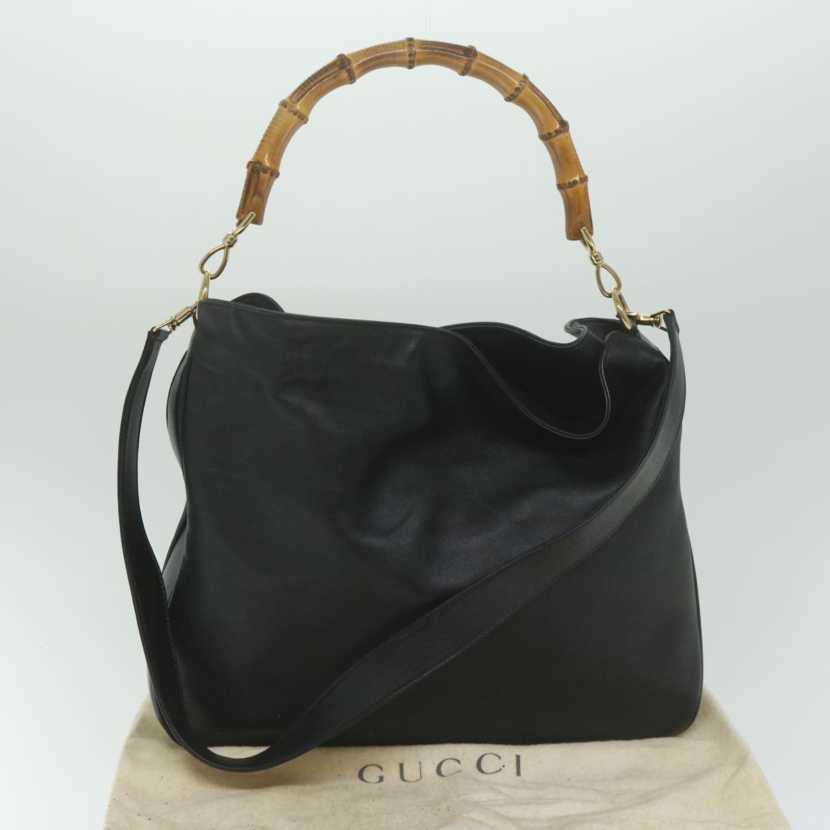 GUCCI Bamboo Shoulder Bag Leather 2way Black Auth 63599