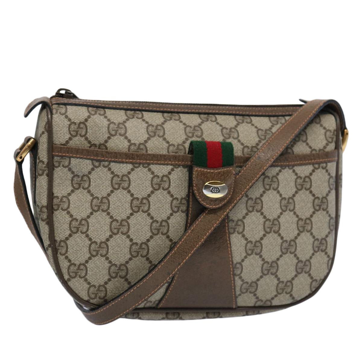 GUCCI GG Supreme Web Sherry Line Shoulder Bag Beige Red 89 02 032 Auth 63678