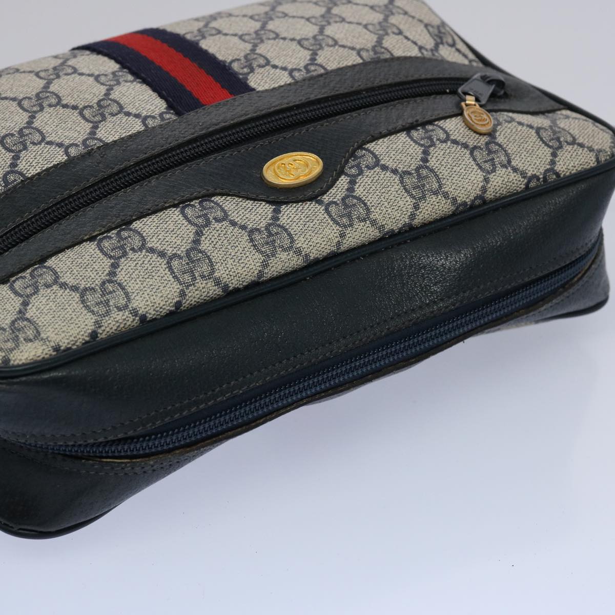 GUCCI GG Supreme Sherry Line Shoulder Bag PVC Leather Navy Red Auth 63776