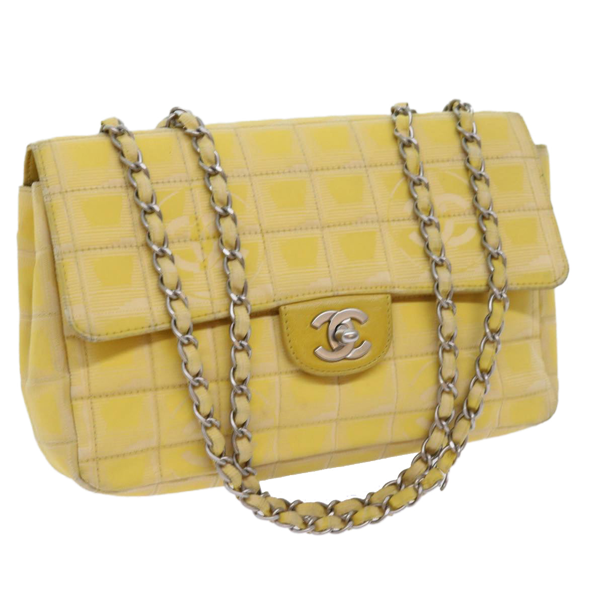 CHANEL Choco Bar New Travel Line Turn Lock Chain Bag Nylon Yellow CC Auth 63801