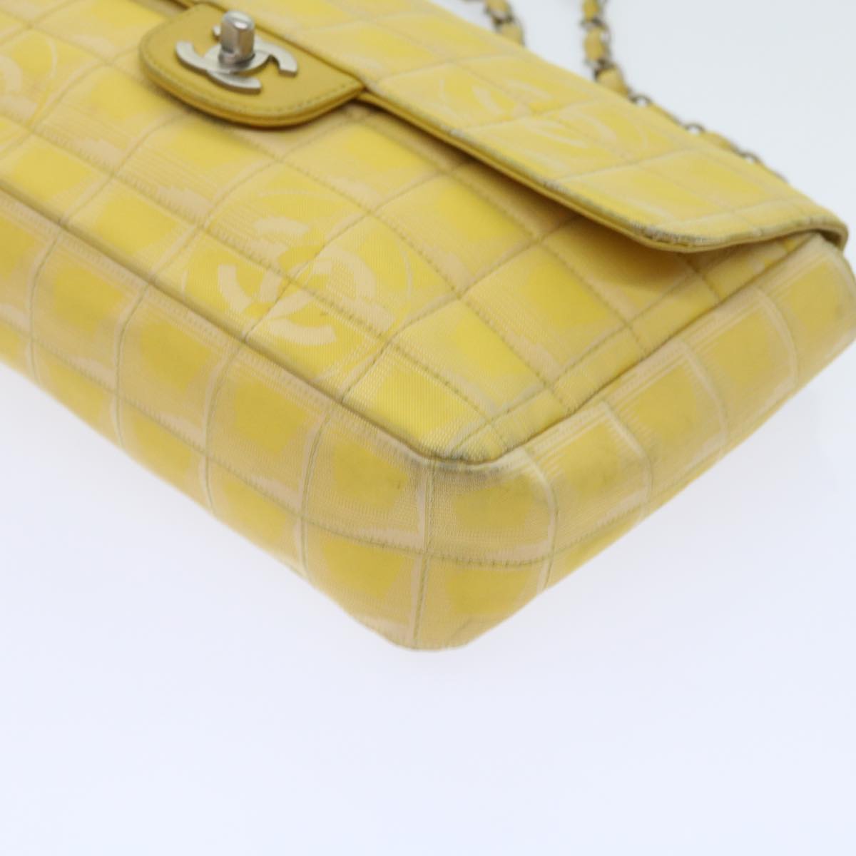 CHANEL Choco Bar New Travel Line Turn Lock Chain Bag Nylon Yellow CC Auth 63801