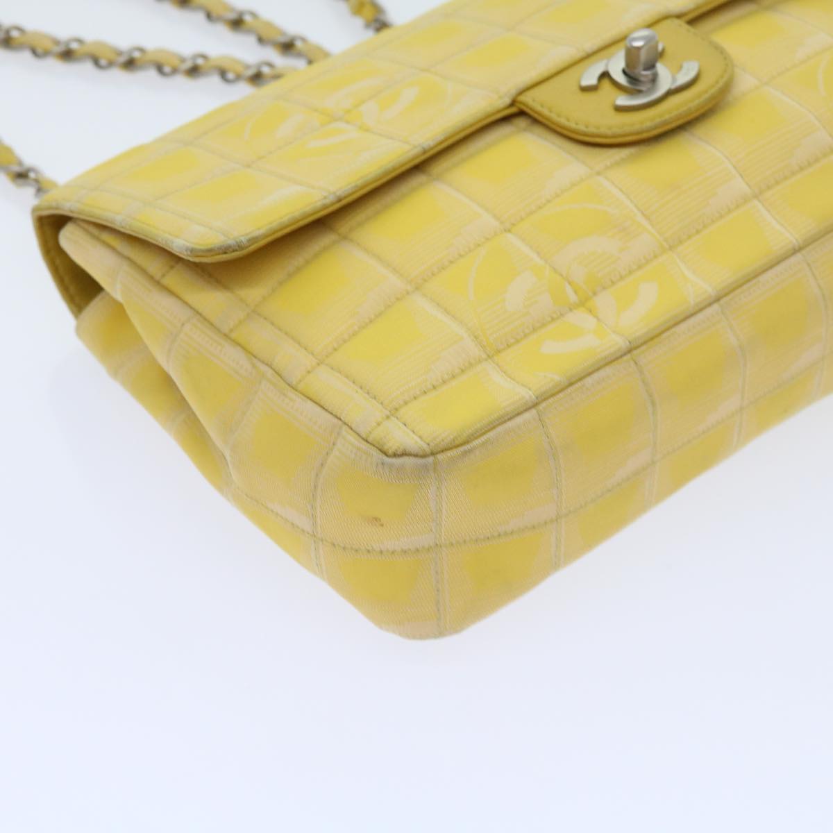 CHANEL Choco Bar New Travel Line Turn Lock Chain Bag Nylon Yellow CC Auth 63801