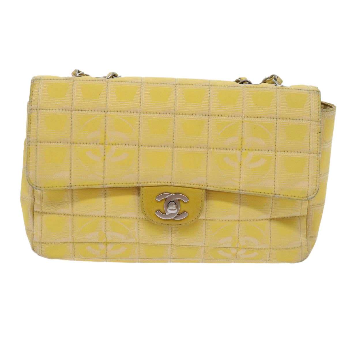 CHANEL Choco Bar New Travel Line Turn Lock Chain Bag Nylon Yellow CC Auth 63801 - 0