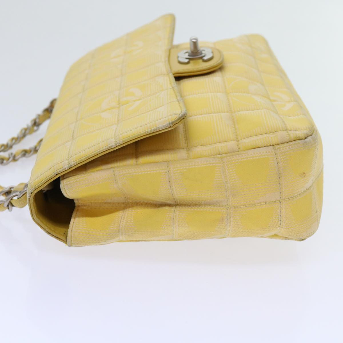 CHANEL Choco Bar New Travel Line Turn Lock Chain Bag Nylon Yellow CC Auth 63801