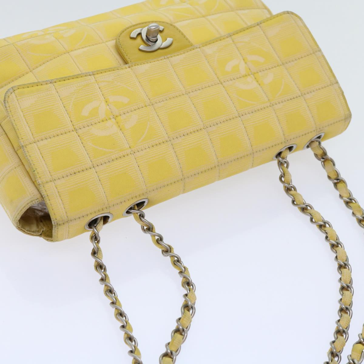 CHANEL Choco Bar New Travel Line Turn Lock Chain Bag Nylon Yellow CC Auth 63801