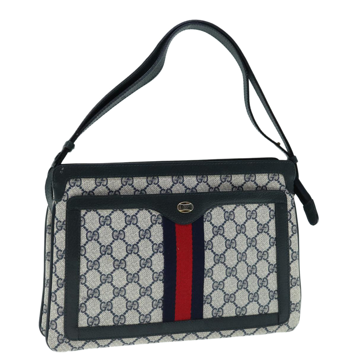 GUCCI GG Canvas Sherry Line Shoulder Bag PVC Navy Red Auth 63811