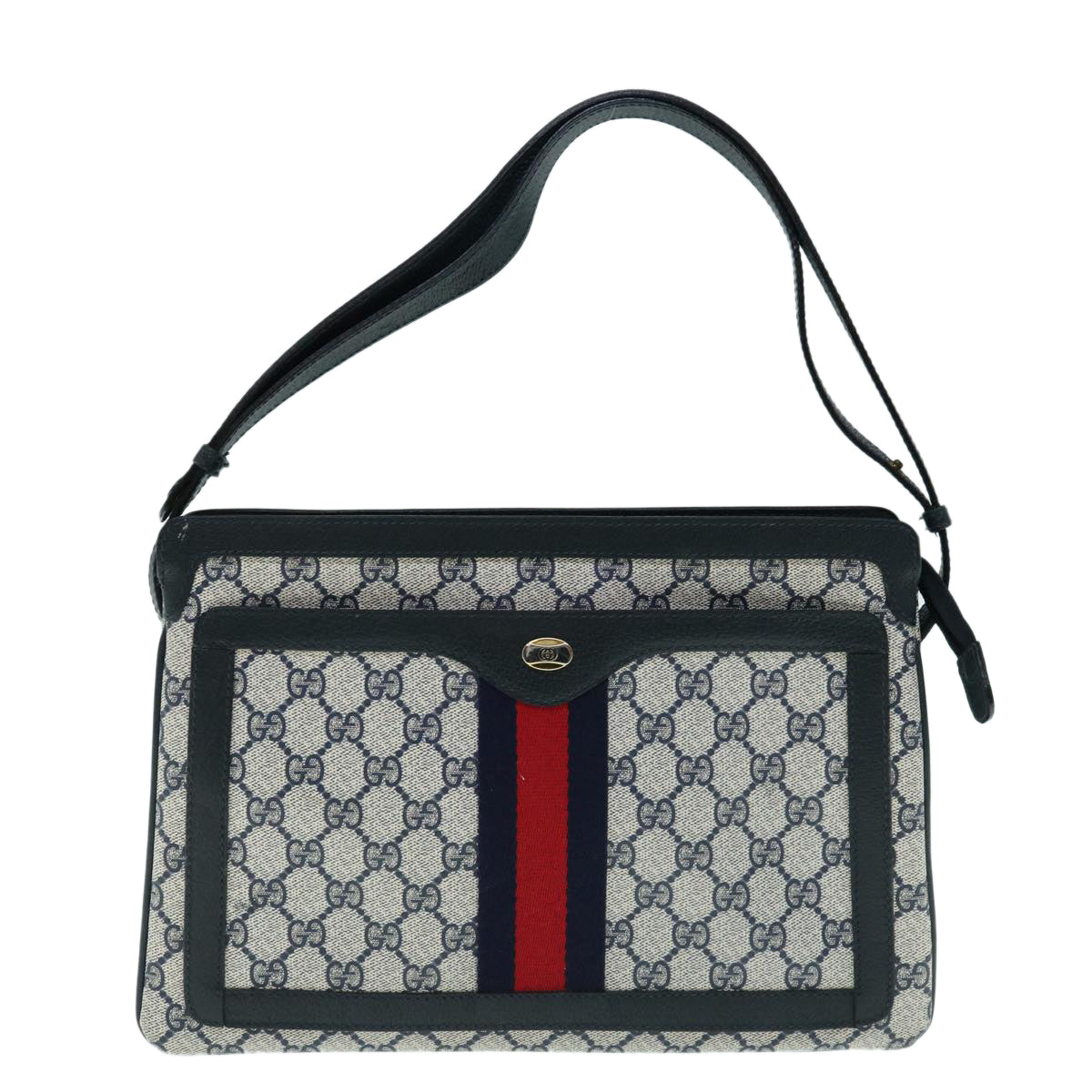 GUCCI GG Canvas Sherry Line Shoulder Bag PVC Navy Red Auth 63811