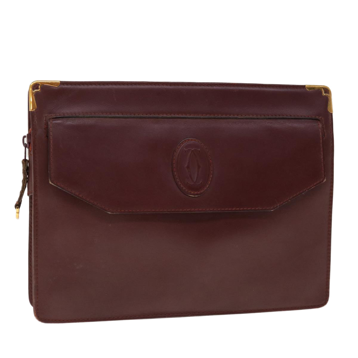CARTIER Clutch Bag Leather Wine Red Auth 63905