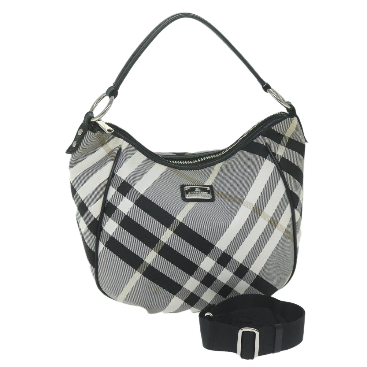 BURBERRY Nova Check Blue Label Shoulder Bag Nylon White Black Auth 64124