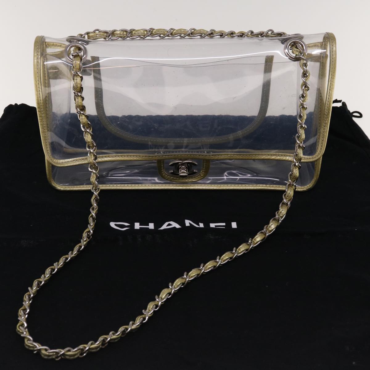 CHANEL Chain Shoulder Bag Vinyl Gold Clear CC Auth 64551A