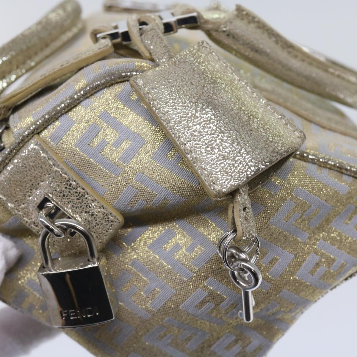 FENDI Zucchino Canvas Hand Bag Gold Silver Auth 64797