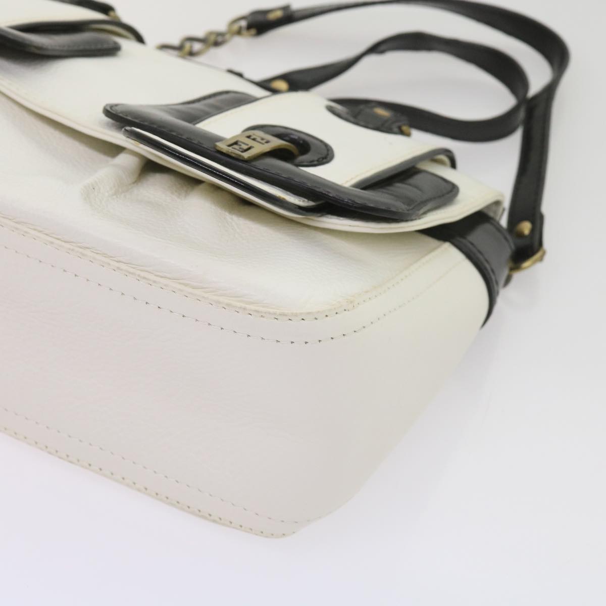 FENDI Hand Bag Leather Black White Auth 65124