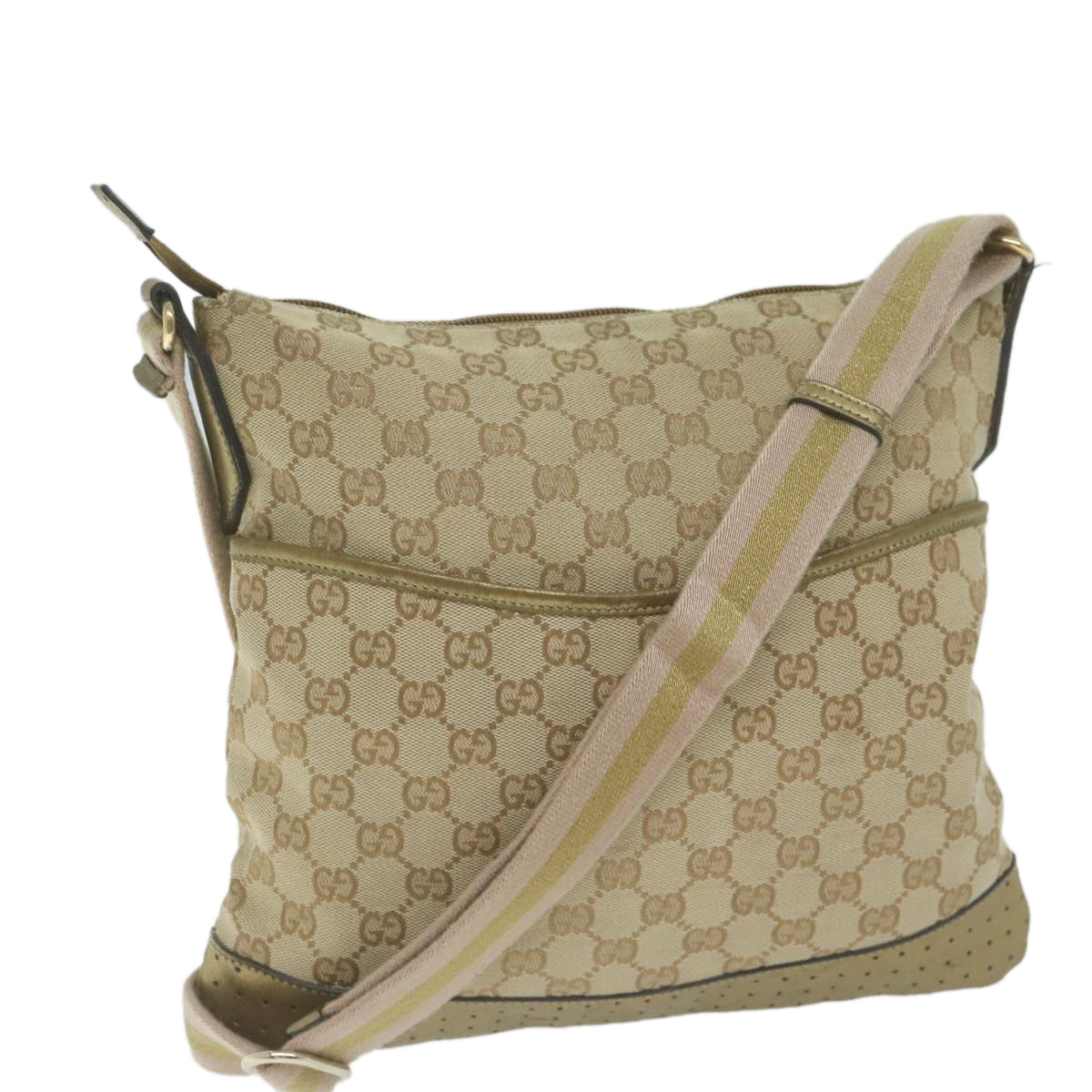 GUCCI GG Canvas Sherry Line Shoulder Bag Beige Gold Pink 145857 Auth 65168