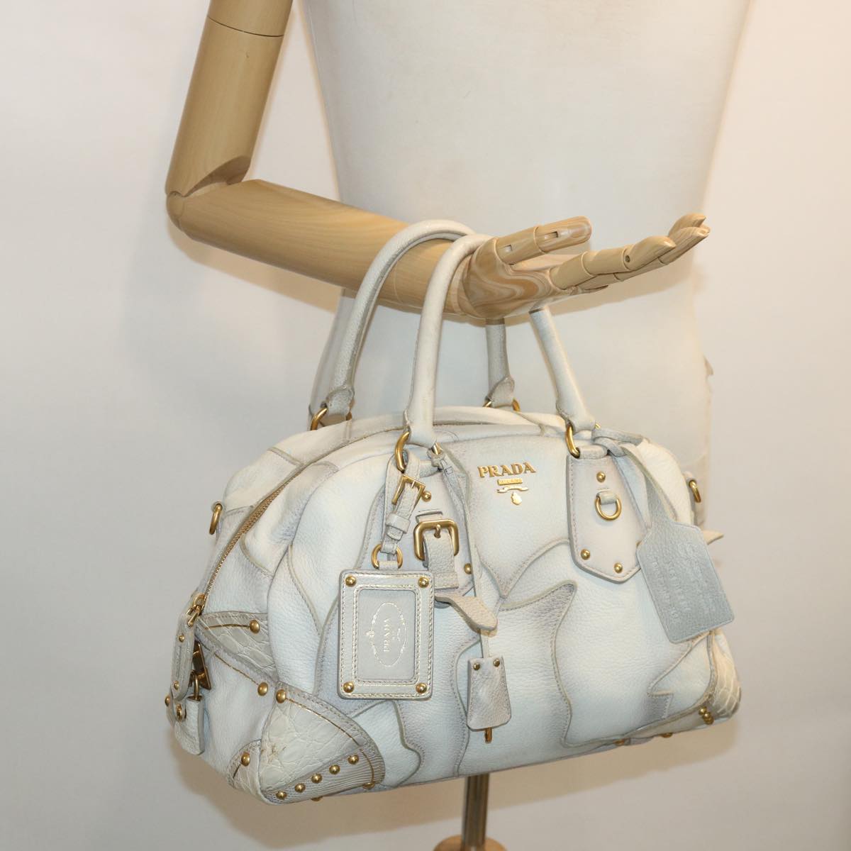 PRADA Hand Bag Leather 2way White Auth ac1489