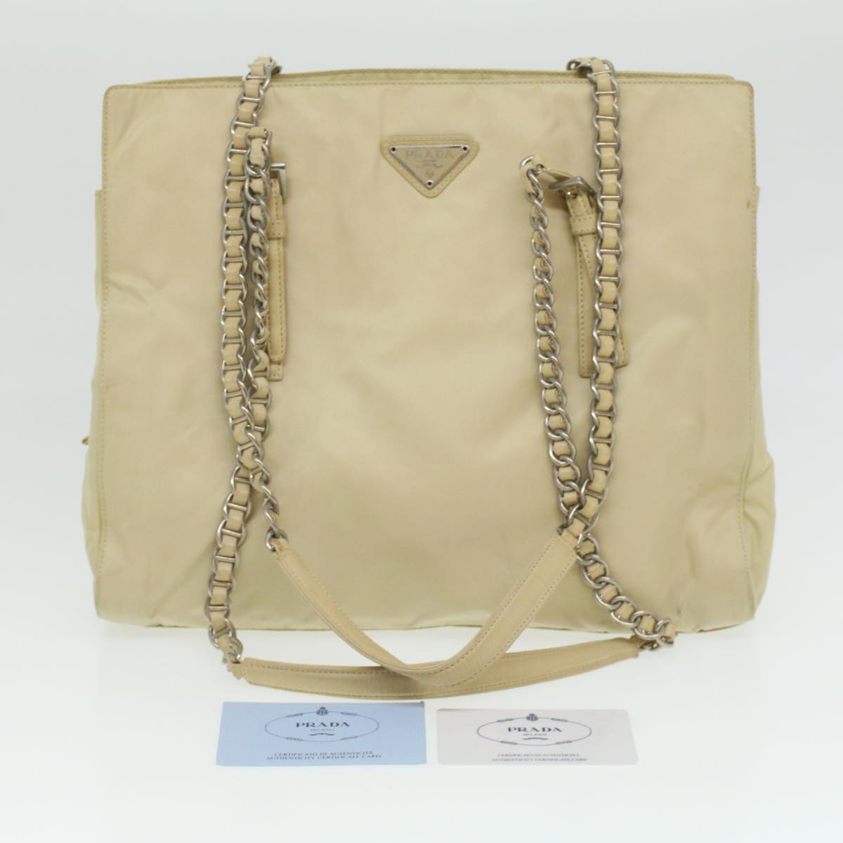 PRADA Chain Shoulder Bag Nylon Beige Auth ac1622