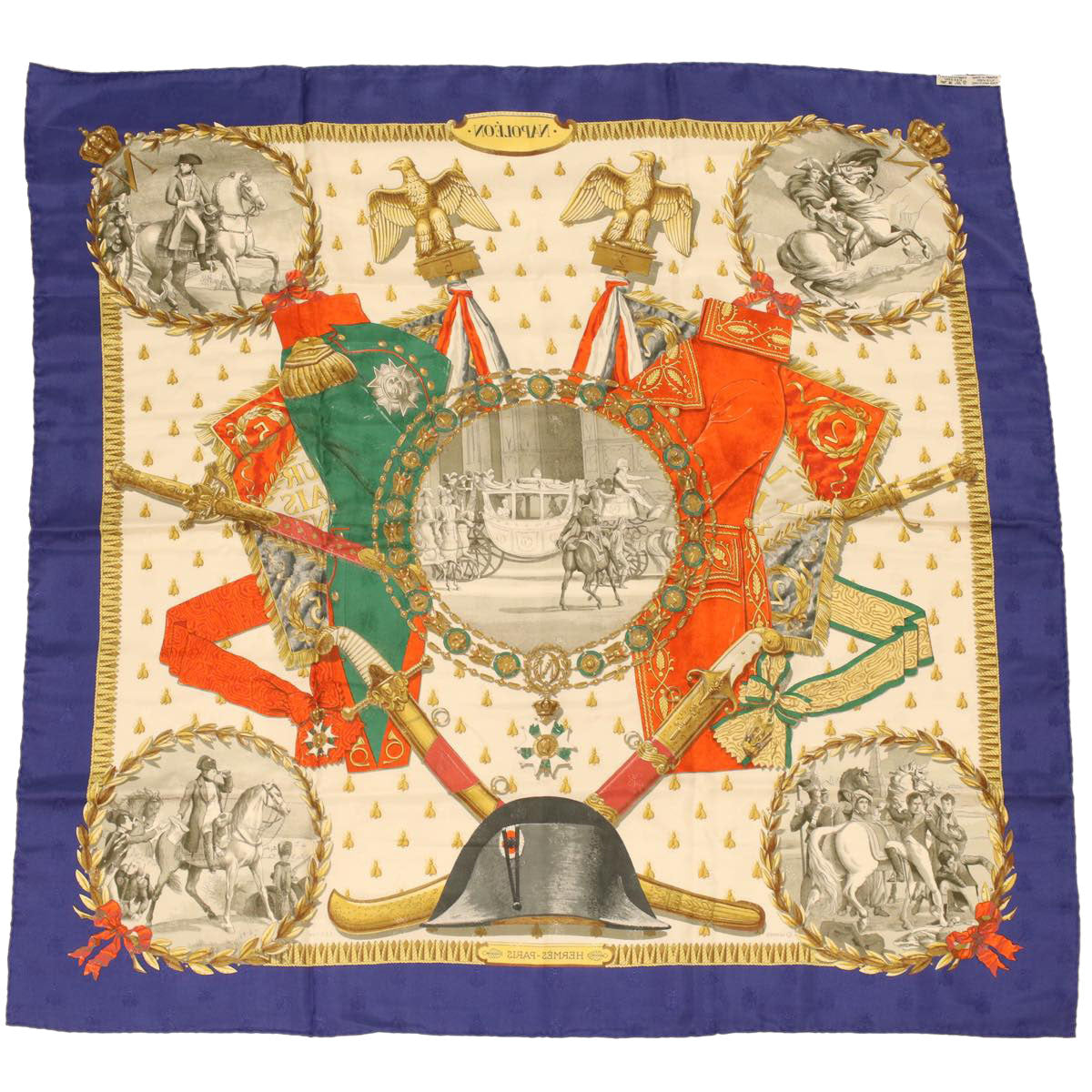 HERMES Carre 90 NAPOLEON Scarf Silk Blue Red Green Auth ac1651